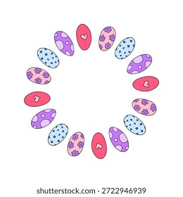 Niedlicher runder Kranz mit Doodle bunte Ostereier und dekorierte Eier einzeln auf weißem Hintergrund.