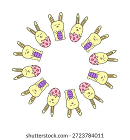 Linda corona redonda con doodle conejos de Pascua con huevos aislados sobre fondo blanco.