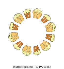 Netter runder Kranz mit doodle glasierten Osterkulichkuchen einzeln auf weißem Hintergrund. Italienische Panettonekse.