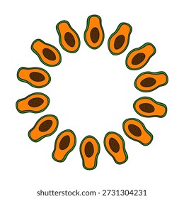 Guirnalda redonda linda con doodle frutas de papaya cortadas a la mitad aisladas sobre fondo blanco.
