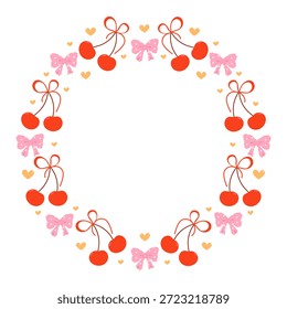 Cute round wreath frame with red cherries, pink polka dot bows and hearts. Coquette aesthetic border.