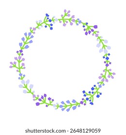 Cute round wreath with petite meadow flowers in soft colors isolated on white background. Floral summer circle frame.