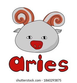 Cute round zodiac sign aries with horns and red nose, kawaii character and lettering vector illustration for design