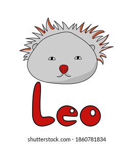 Cute round zodiac sign Leo, positive character with a mane and red nose and an inscription vector illustration 