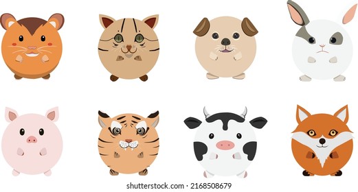 Cute rounded animal faces. Hand drawn characters. Sweet funny animals. Vector illustration.