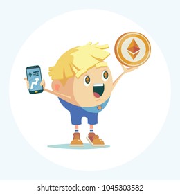 Cute rounded boy character raising an Ethereum coin and holding a smartphone. Vector illustration in a flat style.