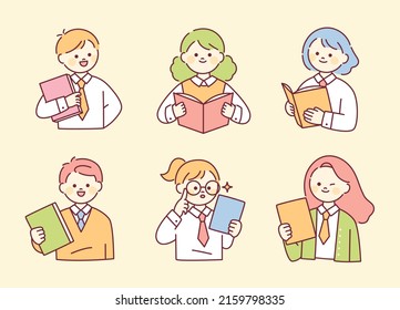 Cute round-faced children in school uniforms are holding books. outline simple vector illustration.