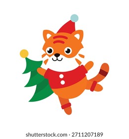 Lindo tigre de cara redonda vestido como Santa volando con regalos, ilustración de Navidades adorables para tarjetas de felicitación, diseños de vacaciones.