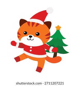 A cute round-faced tiger dressed as Santa flying joyfully with gifts, spreading holiday cheer and festive Christmas magic everywhere.
