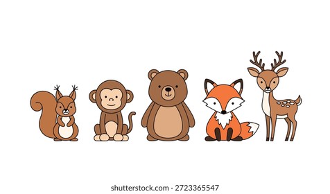 Cute row of forest animals including a squirrel, monkey, bear, fox, and deer standing side by side in a simple cartoon style.
