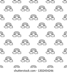 Cute rows of hand drawn black line little rainbows with clouds pattern on white background