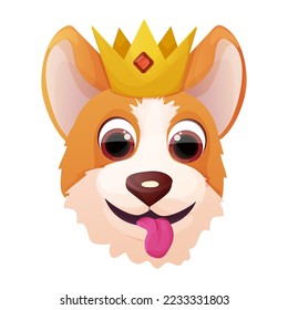 Cute royal corgi head with crown , adorable pet in cartoon style isolated on white background. Comic emotional character, funny pose
