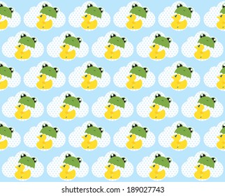 Cute royal duck with frog umbrella on rainy cloud, seamless pattern. Vector illustration.