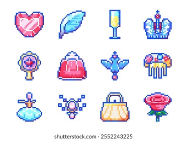 Cute royal pixel art icon set. Kawaii Princess and luxury accessories with crown, perfume, champagne flute glass, rose flower, mirror and heart jewel. Kawaii girly collection for fantasy decoration.