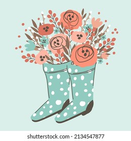 Cute rubber boots with flowers on light gray background. Spring time card with hand drawn vector summer elements.