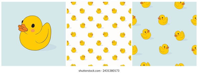 Lindo pato de goma. Divertido dibujo a mano Vector de impresión y patrón sin costuras con precioso pato de goma amarillo. Juguete de baño amarillo aislado en un fondo blanco y azul claro. Patrón de pato perfecto para la tela, tarjeta.