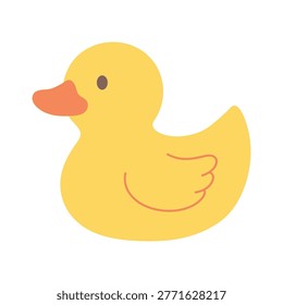 Cute rubber duck illustration in flat minimal style. Yellow bath toy isolated on white background, simple design. Perfect for children products, bathroom themes, baby care, nursery decor, hygiene concepts, packaging, stickers, icons, web and app design. Playful and friendly character with soft colors suitable for kids related projects and branding.