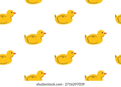Cute rubber duck seamless pattern. Playful design for kids projects. Perfect for fabric, textile, packaging, nursery decor, prints, and cheerful branding. Vector illustration