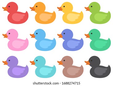 Cute rubber duckies flat vector style in rainbow colors. Toy ducks clip art. Bath time duckling toys illustration. Colorful baby ducks graphics. Great for nursery, baby shower, children's stuffs theme