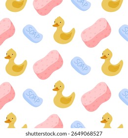 Patos de borracha bonito e esponjas padrão em um fundo branco para decoração infantil