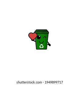 Cute Rubbish Bin Hold Love  Cartoon Character Vector Illustration Design. Outline, Cute, Funny Style. Recomended For Children Book, Cover Book, And Other.