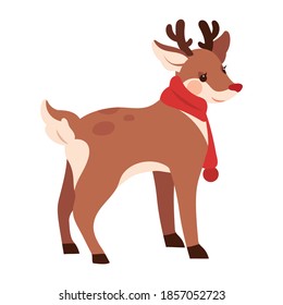 Cute Rudolph deer illustration. Rudolph wears a red scarf around his neck.