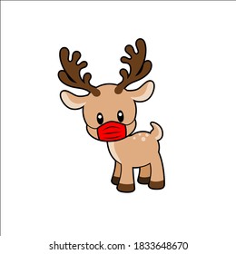 Cute Rudolph Wearing Mask Vector Illustration On White