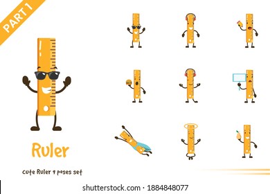 Cute Ruler Poses Set. Vector Cartoon Illustration. Isolated On White Background.