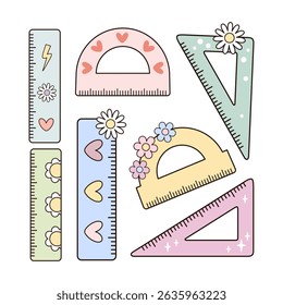 Cute rulers clipart set, groovy school supplies, retro back to school hand drawn vector illustration in flat style	
