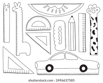 Conjunto de Vector dibujado a mano de Reglas lindas. Reglas Kawaii doodle set