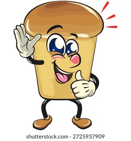 bonitinho rum baba bolo personagem mascote de desenho animado acenando enquanto dá um polegares para cima com ilustração vetor sorridente, trabalho de mão desenhada
