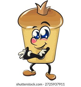 cute rum baba cake cartoon mascot character crowned while folding his hands calmly smiling vector illustration, work of hand drawn