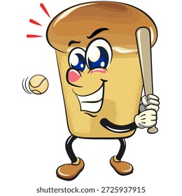 cute rum baba cake cartoon mascot character playing baseball ready to hit the ball with the bat, vector illustration, work of hand drawn