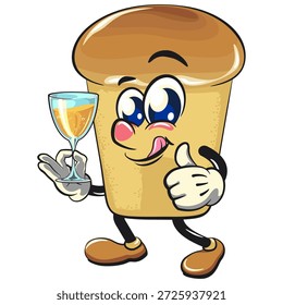 cute rum baba cake cartoon mascot character raising a wine glass with smiling vector illustration, work of hand drawn