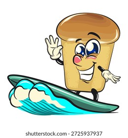 bonitinho rum baba bolo de desenho animado mascote personagem surfing cavalgando as ondas, ilustração vetorial, trabalho de mão desenhada
