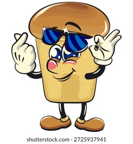 bonitinho rum baba bolo personagem mascote de desenho animado abrindo seus óculos de sol um pouco, dando um sinal de amor, ilustração vetorial, trabalho de mão desenhada