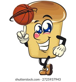 bonitinho de rum baba bolo de desenho animado personagem mascote girar o basquete com o dedo indicador, ilustração vetorial, trabalho de mão desenhada