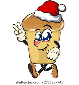 bonitinho rum baba bolo personagem mascote de desenho animado vestindo um chapéu de Papai Noel enquanto dá um sinal de paz de dois dedos, ilustração vetorial, trabalho de mão desenhada