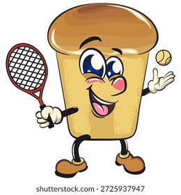 Personaje lindo de la mascota de la historieta de la torta del baba del ron que juega el tenis, Ilustración vectorial, trabajo de la mano dibujada