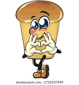 cute rum baba cake cartoon mascot character is giving a sign of love with finger, vector illustration, work of hand drawn