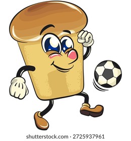 cute rum baba cake cartoon mascot character playing football or soccer, vector illustration, work of hand drawn