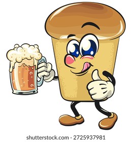 cute rum baba cake cartoon mascot character lift a big glass of beer, vector illustration, work of hand drawn