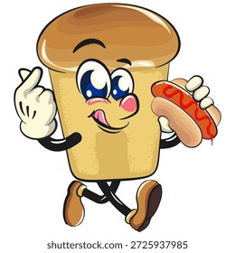 bonitinho rum baba bolo personagem mascote de desenho animado carregando um cachorro-quente enquanto dá sinal de amor, ilustração vetorial, trabalho de desenhado à mão