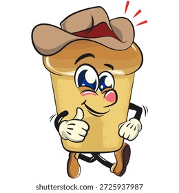 cute rum baba cake cartoon mascot character wearing a cowboy hat while giving a thumbs up sign, vector illustration, work of hand drawn