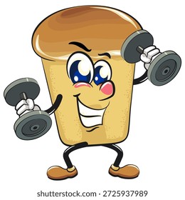 bonitinho rum baba bolo personagem mascote de desenho animado fazendo barbell levantamento de treino, ilustração vetorial, trabalho de mão desenhada