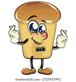 cute rum baba cake cartoon mascot character giving a sign of love with two hands, vector illustration, work of hand drawn