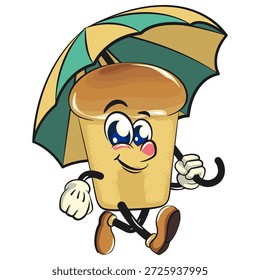 bonitinho rum baba bolo de desenho animado mascote personagem andando com um guarda-chuva, ilustração vetorial, trabalho de mão desenhada