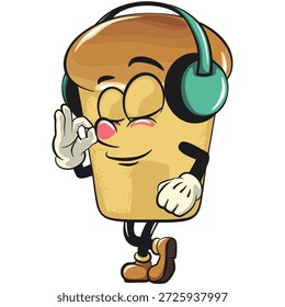 Personaje lindo de la mascota de la historieta del pastel del baba del ron que escucha el auricular mientras que baila, Ilustración vectorial, trabajo de la mano dibujada
