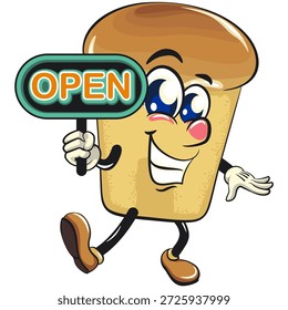 bonitinho rum baba bolo personagem mascote de desenho animado mostrando um sinal que diz aberto, ilustração vetorial, trabalho de mão desenhada