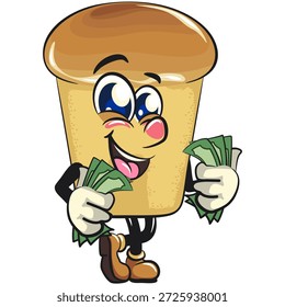 bonitinho rum baba bolo personagem mascote de desenho animado carregando dinheiro enquanto sorri, ilustração vetorial, trabalho de mão desenhada